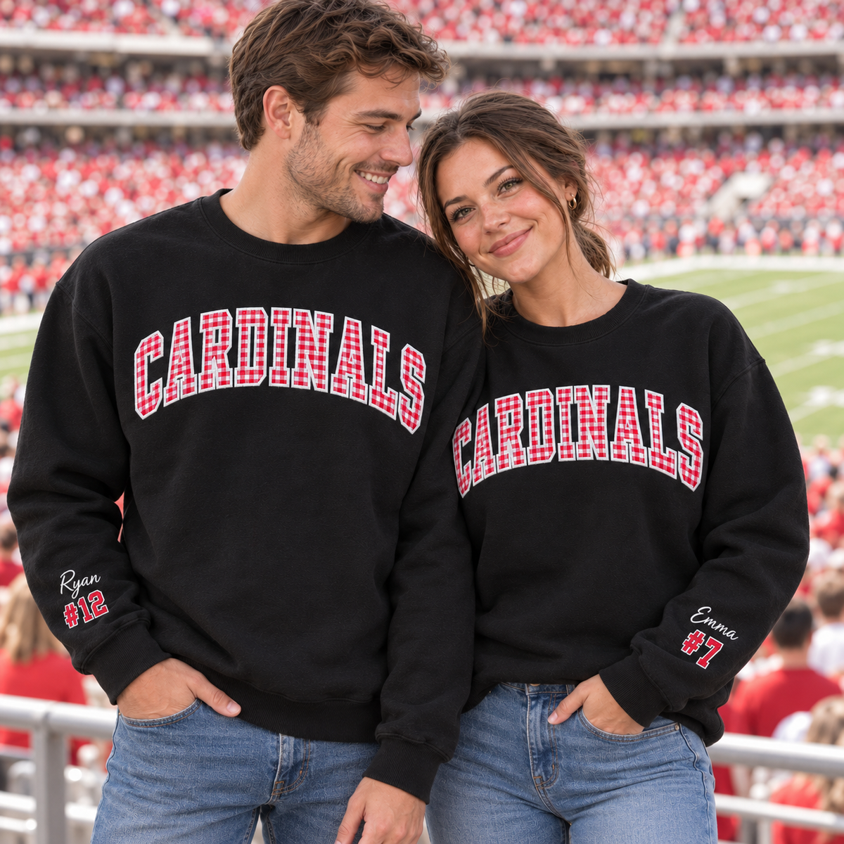 Custom Embroidered Gingham Applique Team Sweatshirt with Sleeve Name & Number, Varsity Game Day Crewneck, Football Mom Gift, Girlfriend Gift