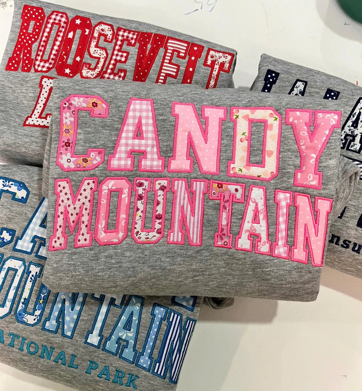 Embroidered Patchwork Applique Sweatshirt, Custom Place Name Crewneck, Personalized Camp Trip Sweater, Group Retreat Staff Gift