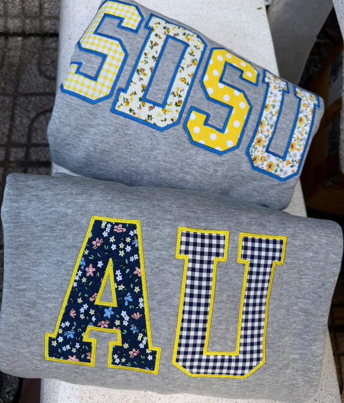 Custom College Initials Patchwork Sweatshirt, Personalized Varsity Applique Crewneck, Floral Gingham Embroidered Gift