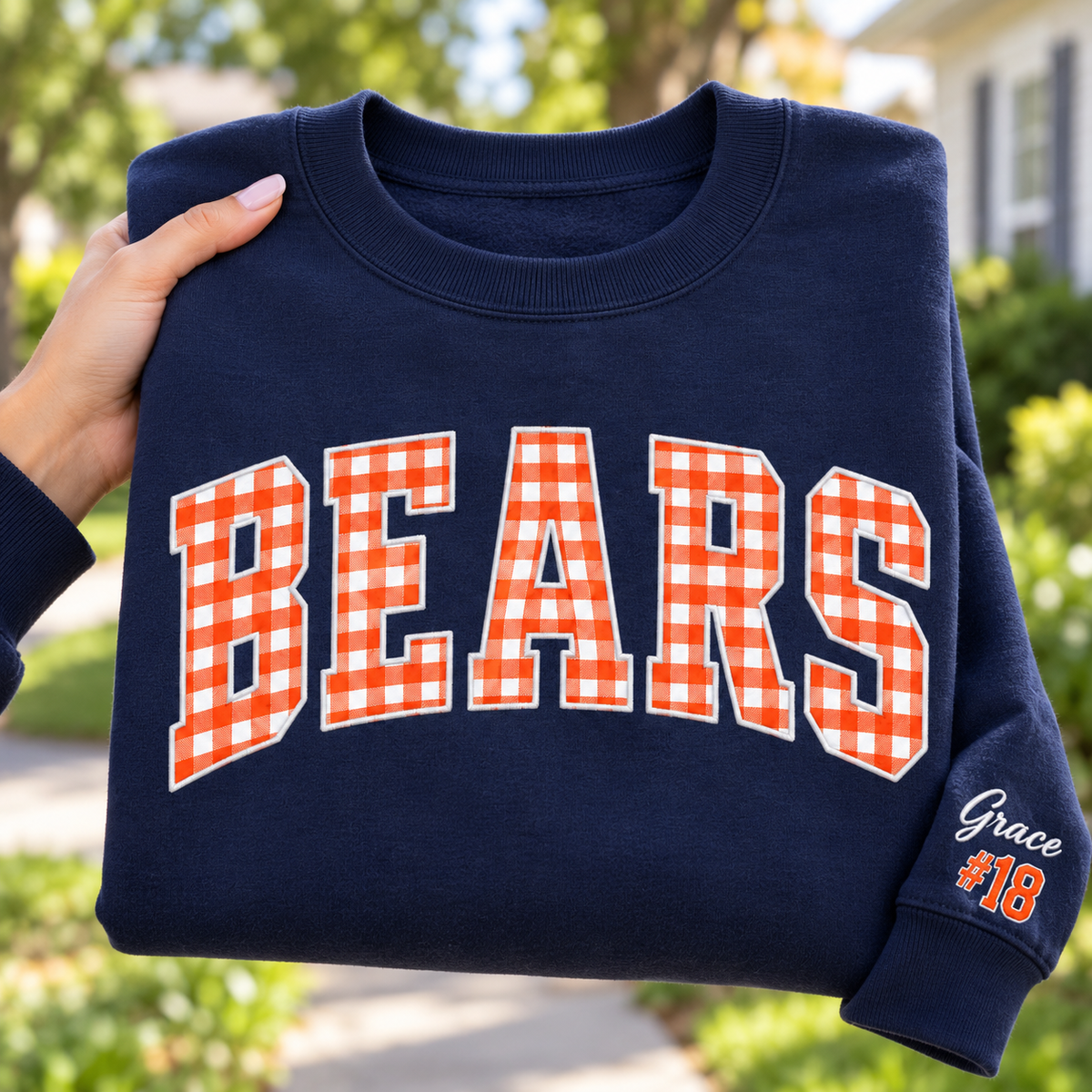 Custom Embroidered Gingham Applique Football Sweatshirt, Preppy Varsity Tailgate Crewneck, Personalized Sleeve Name Number, Sports Fan Gift