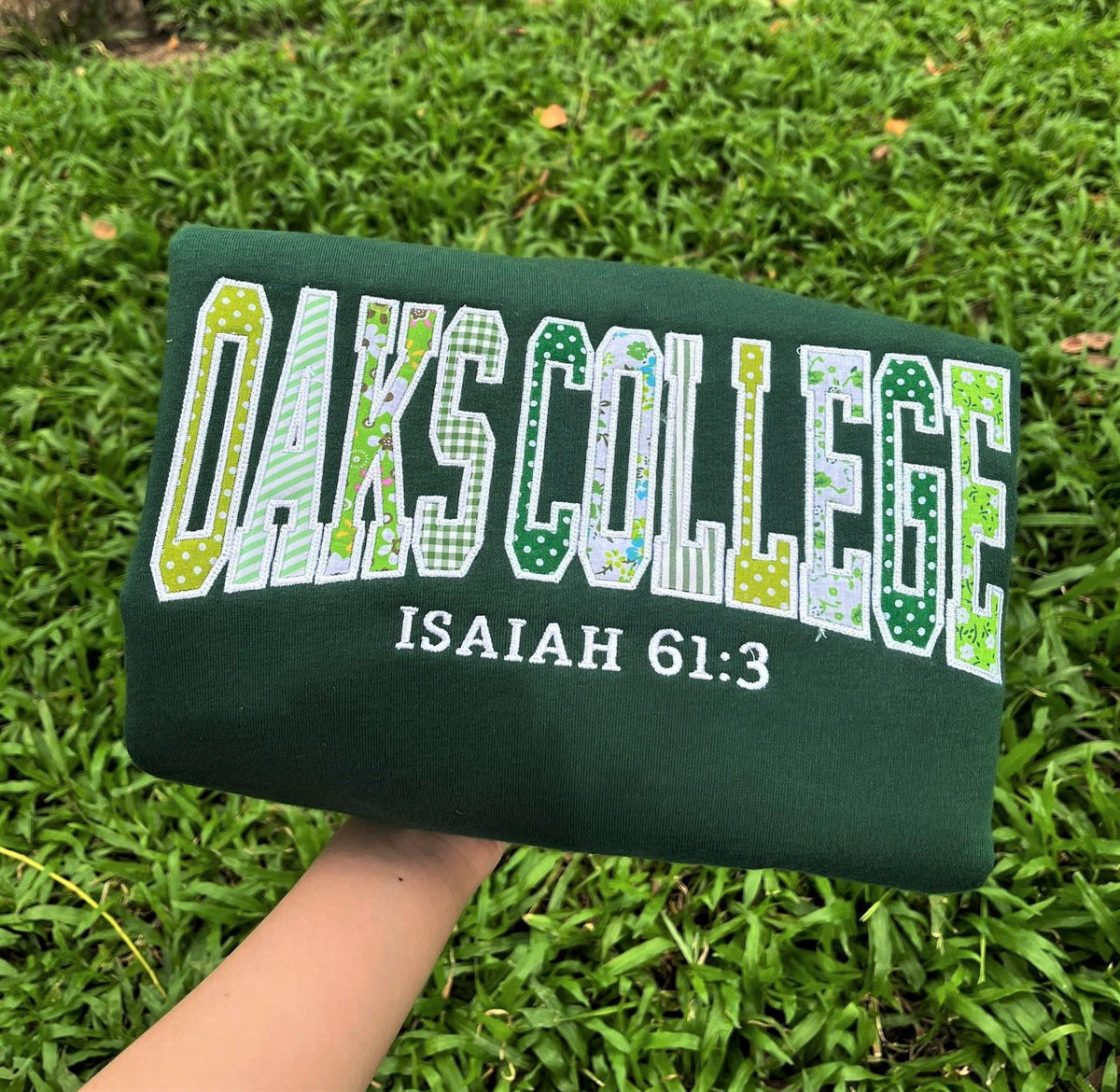 Embroidered Patchwork Applique Crewneck, Faith College Sweatshirt, Custom School Club Pullover, Bible Verse Student Gift