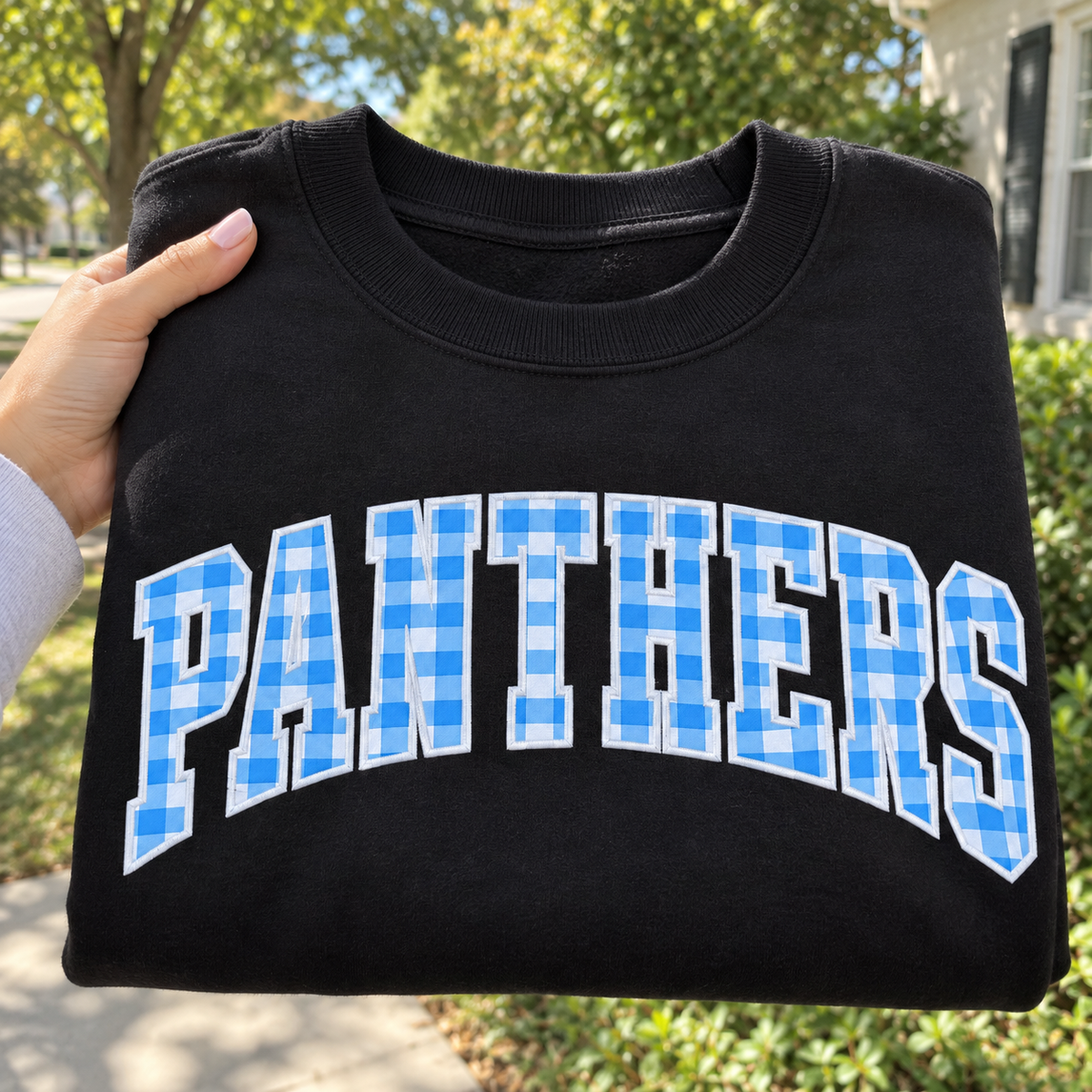 Custom Embroidered Gingham Football Sweatshirt, Personalized Football Girlfriend Crewneck, Sleeve Name Number, Varsity Game Day Gift for Her
