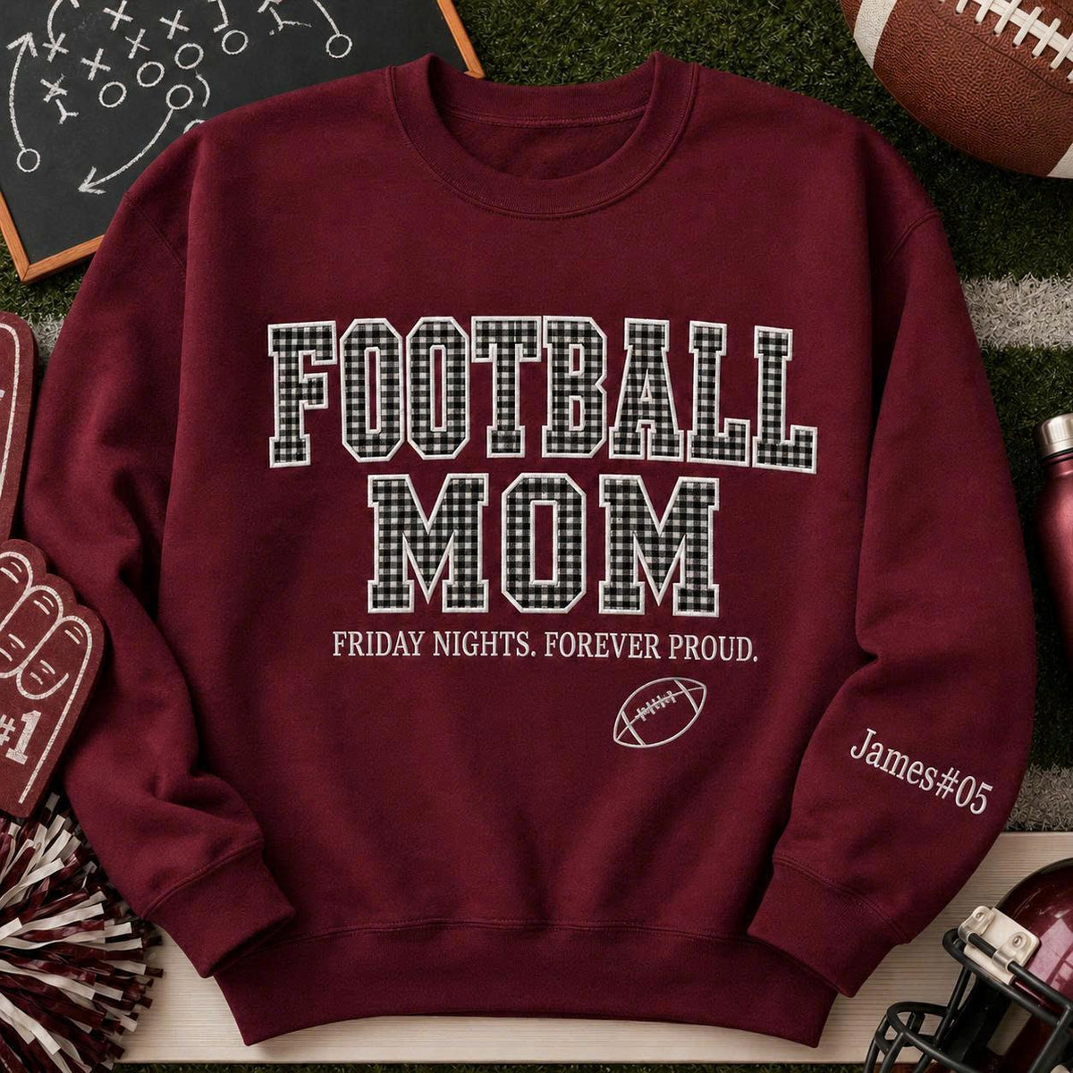 Gingham Applique Football Mom Sweatshirt, Custom Game Day Crewneck, Personalized Player Number Pullover, Team Mom Gift