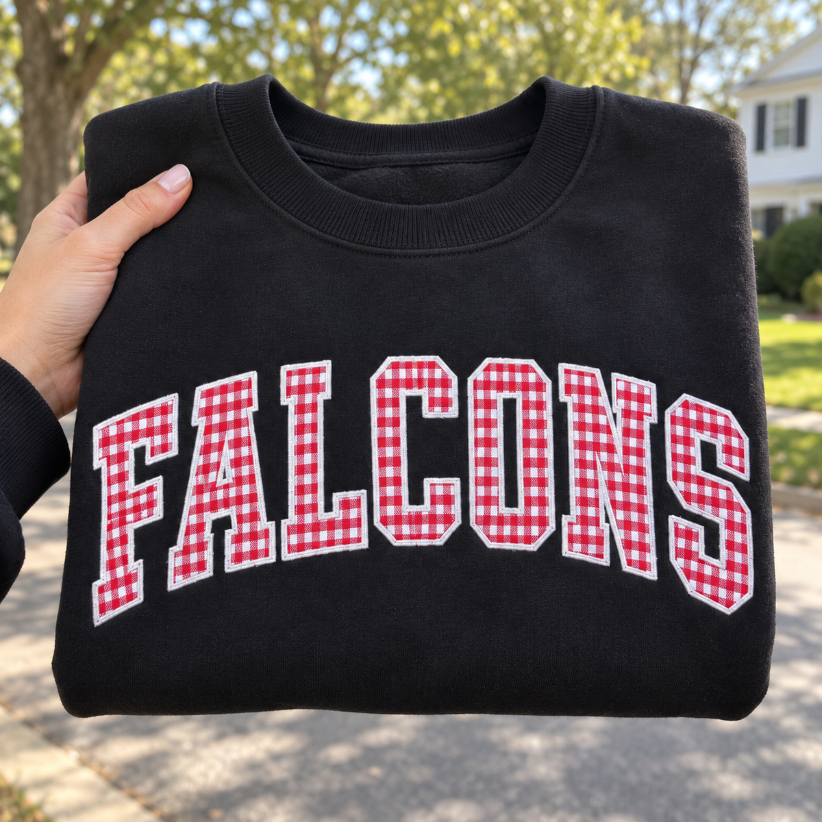 Custom Embroidered Gingham Football Sweatshirt, Matching Game Day Couple Crewneck, Personalized Sleeve Name Number, Collegiate Tailgate Gift
