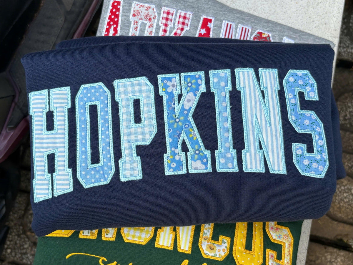 Patchwork Name Sweatshirt, Custom Word Crewneck, Personalized Mixed Fabric Applique Letter Sweater, Preppy Varsity Gift