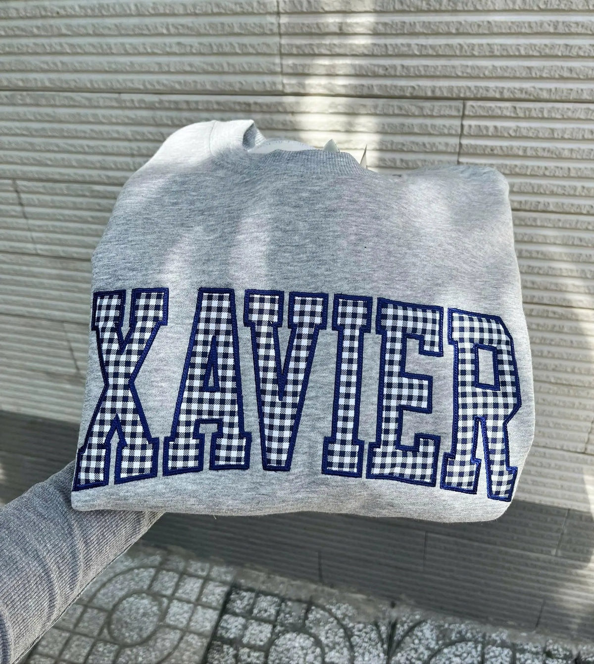 Custom Gingham Applique Sweatshirt, Personalized Varsity Embroidered Crewneck, School Color Pullover, Student Gift