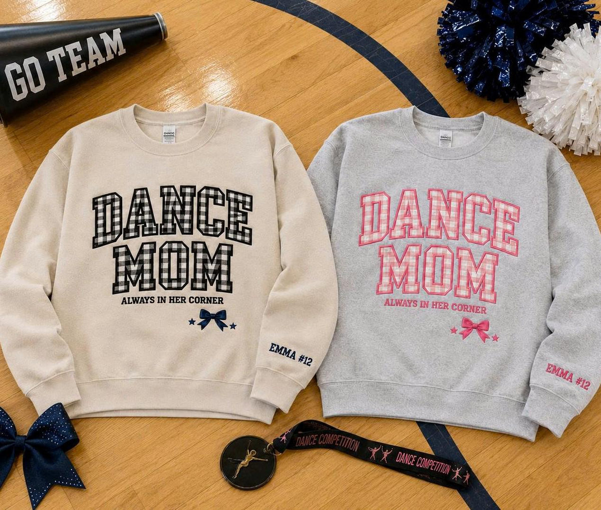 Personalized Dance Mom Gingham Applique Sweatshirt, Custom Competition Day Crewneck, Sleeve Name Pullover Gift