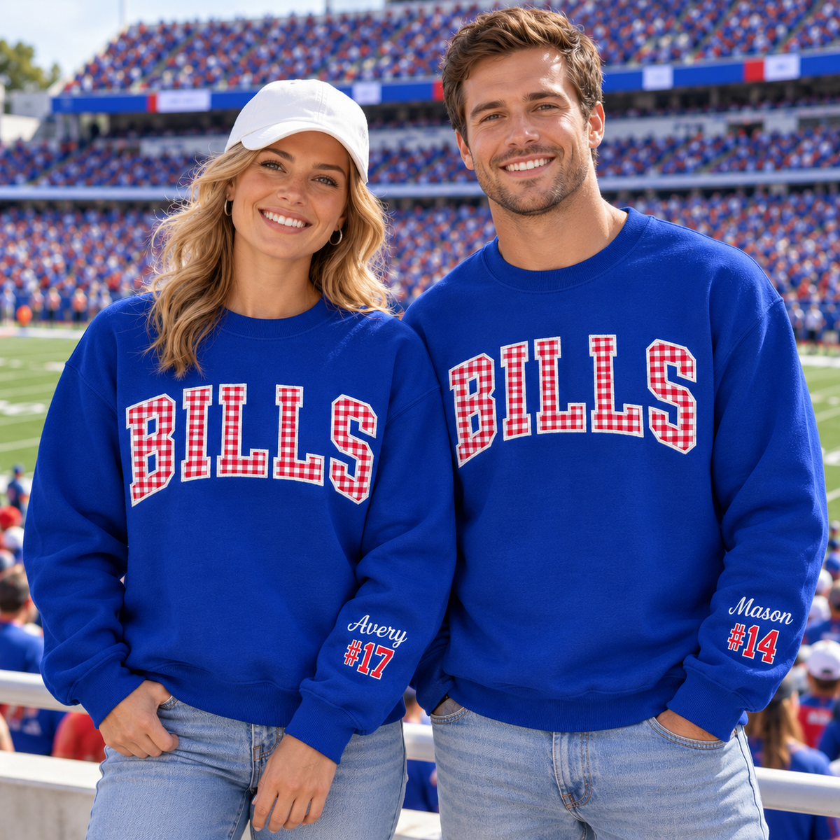 Custom Embroidered Gingham Applique Football Mom Sweatshirt, Player Number Sleeve, Varsity Game Day Crewneck, Sports Mom Gift for Her