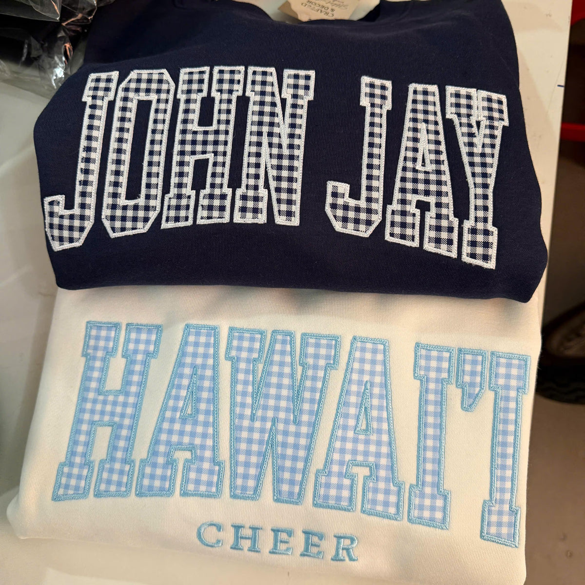 Gingham Applique Sweatshirt, Custom Varsity Embroidered Crewneck, Personalized School Color Campus Pullover, Student Gift