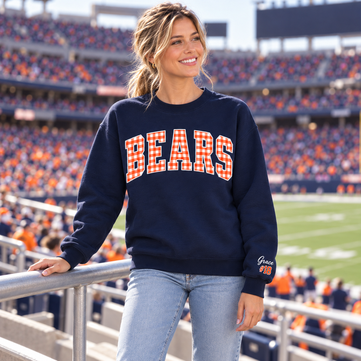 Custom Embroidered Gingham Applique Football Sweatshirt, Preppy Varsity Tailgate Crewneck, Personalized Sleeve Name Number, Sports Fan Gift