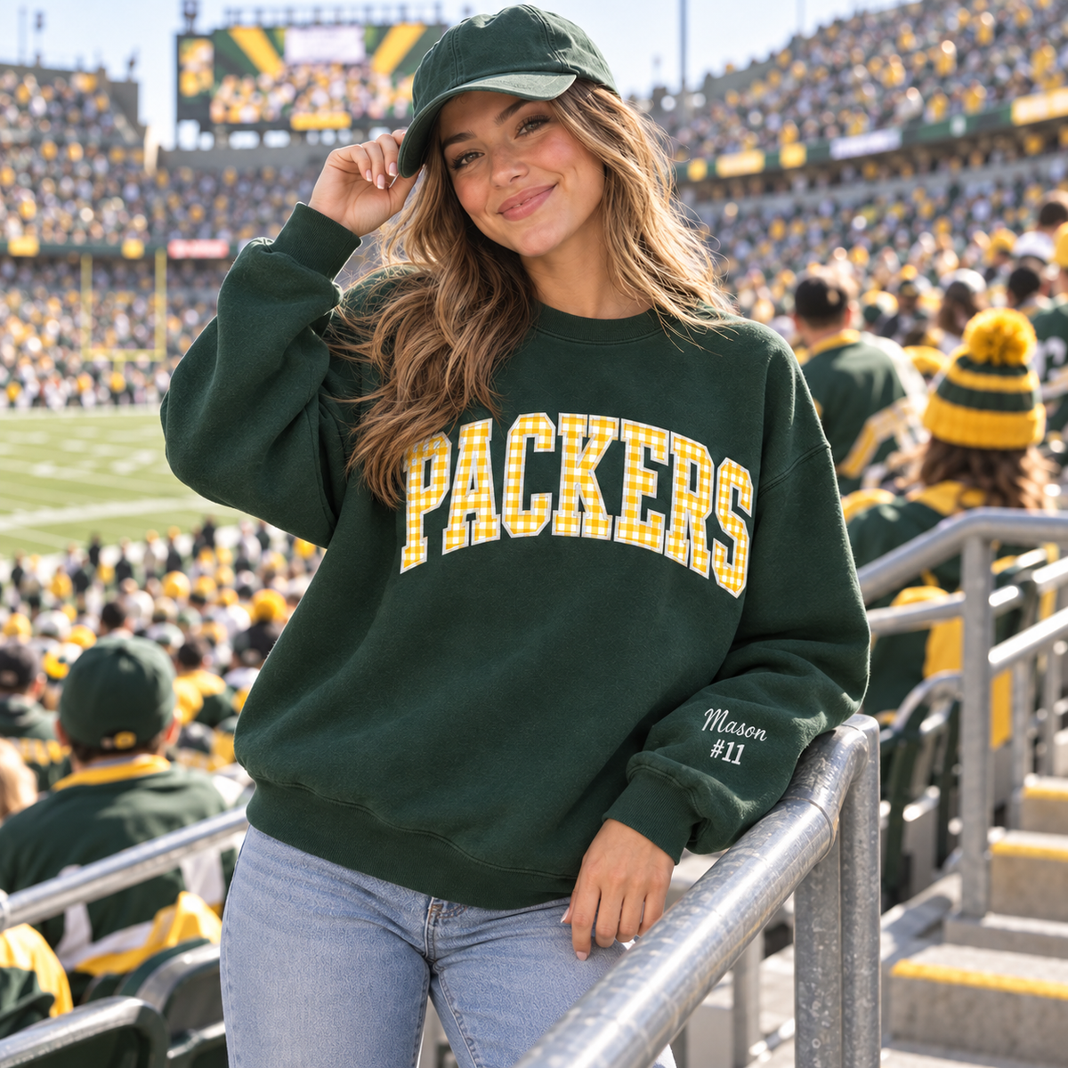 Custom Embroidered Gingham Football Sweatshirt, Collegiate Varsity Game Day Crewneck, Personalized Team Colors, Preppy Tailgate Outfit Gift (