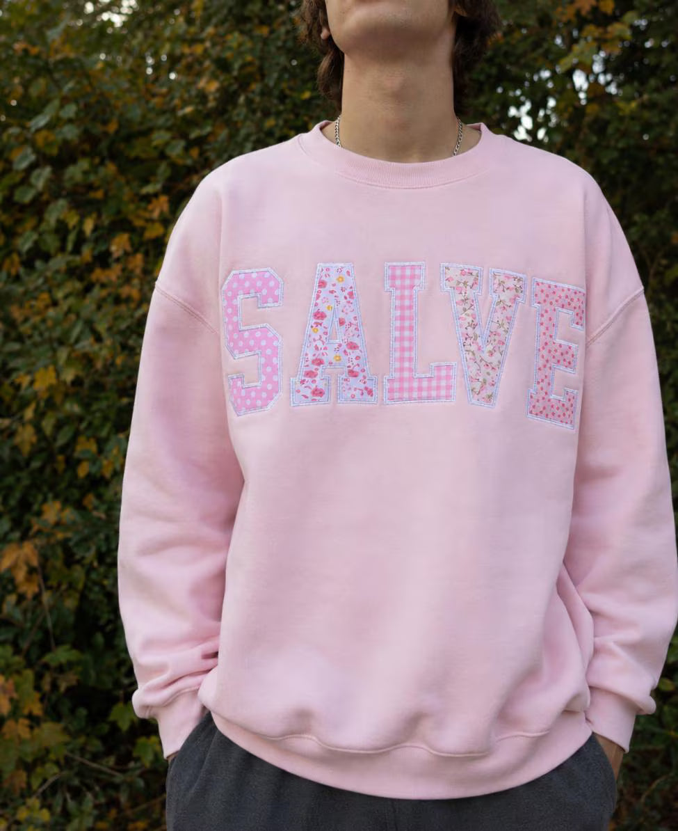 Custom Floral Patchwork Sweatshirt, Personalized Varsity Applique Crewneck, Pink Embroidered College Style Pullover Gift