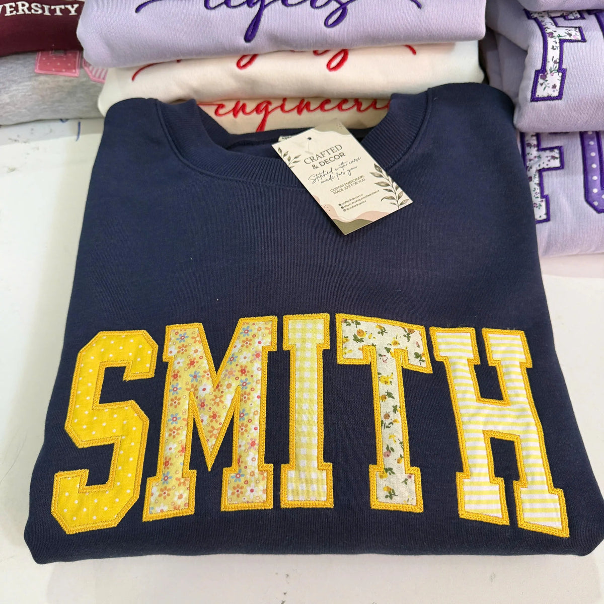 Personalized Name Patchwork Applique Sweatshirt, Custom Embroidered Varsity Crewneck, Floral Gingham Name Hoodie, Preppy Girl Gift