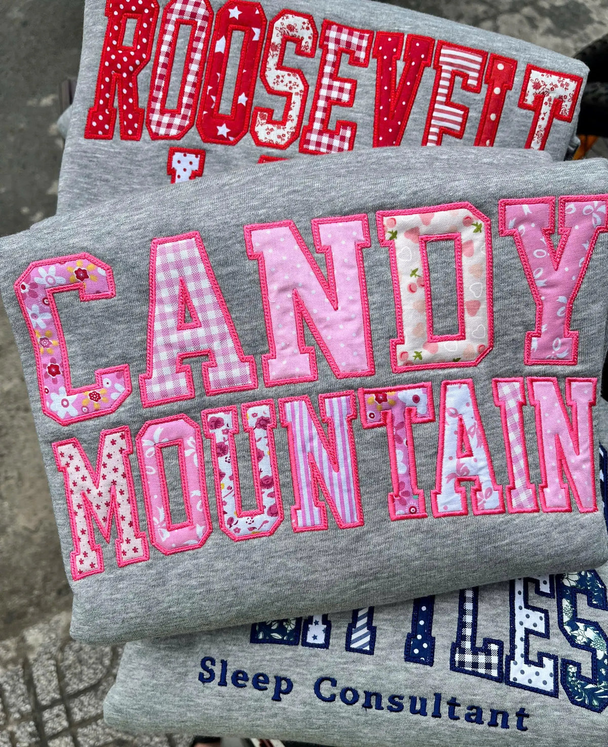 Embroidered Patchwork Applique Sweatshirt, Custom Place Name Crewneck, Personalized Camp Trip Sweater, Group Retreat Staff Gift