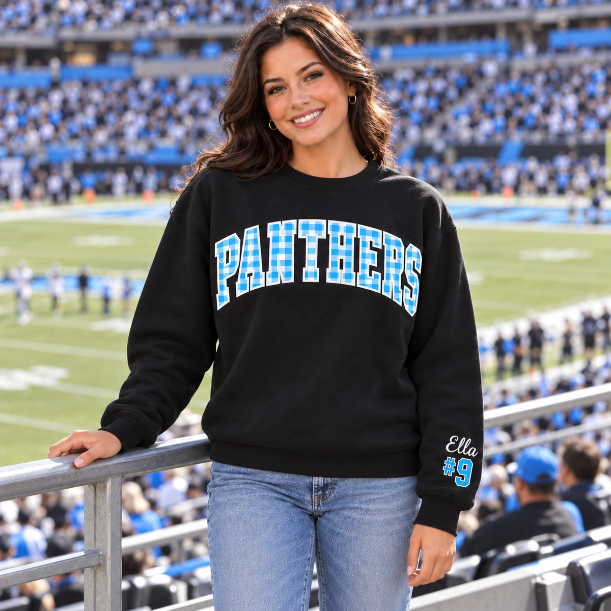 Custom Embroidered Gingham Football Sweatshirt, Personalized Football Girlfriend Crewneck, Sleeve Name Number, Varsity Game Day Gift for Her