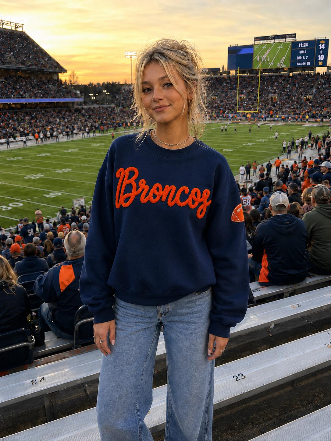 Navy sweatshirt with custom orange chenille script team name
