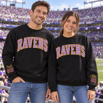 Custom Embroidered Gingham Football Sweatshirt, Matching Game Day Couple Crewneck, Personalized Sleeve Name Number, Collegiate Tailgate Gift