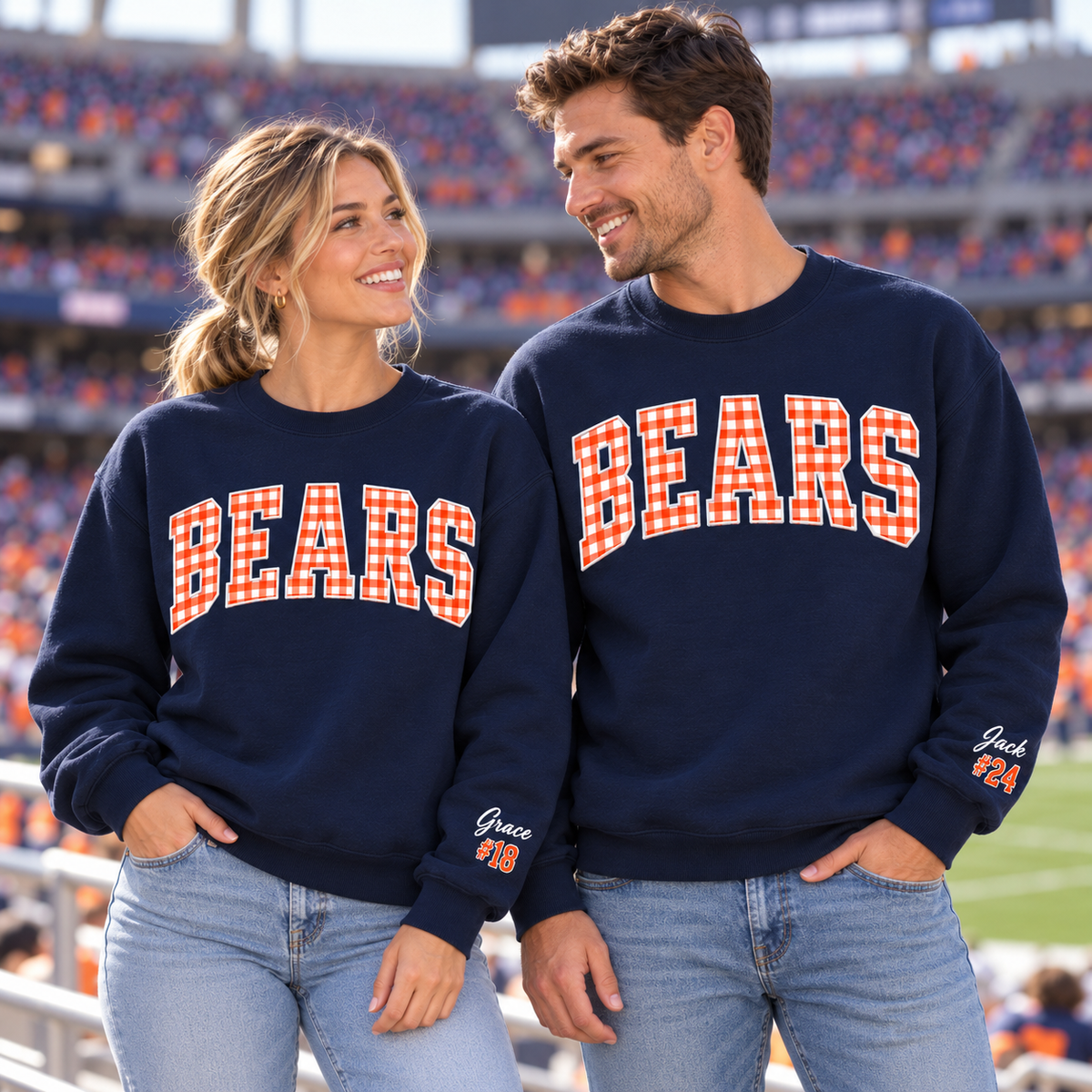 Custom Embroidered Gingham Applique Football Sweatshirt, Preppy Varsity Tailgate Crewneck, Personalized Sleeve Name Number, Sports Fan Gift