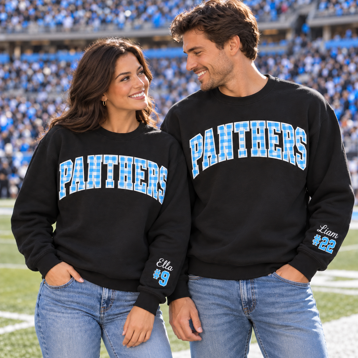 Custom Embroidered Gingham Football Sweatshirt, Personalized Football Girlfriend Crewneck, Sleeve Name Number, Varsity Game Day Gift for Her