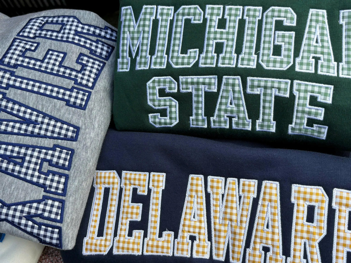 Custom Gingham Applique Sweatshirt, Personalized Varsity Embroidered Crewneck, School Color Pullover, Student Gift