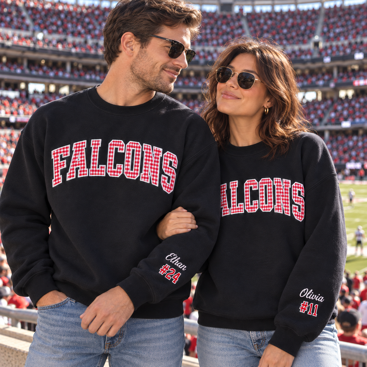 Custom Embroidered Gingham Football Sweatshirt, Matching Game Day Couple Crewneck, Personalized Sleeve Name Number, Collegiate Tailgate Gift