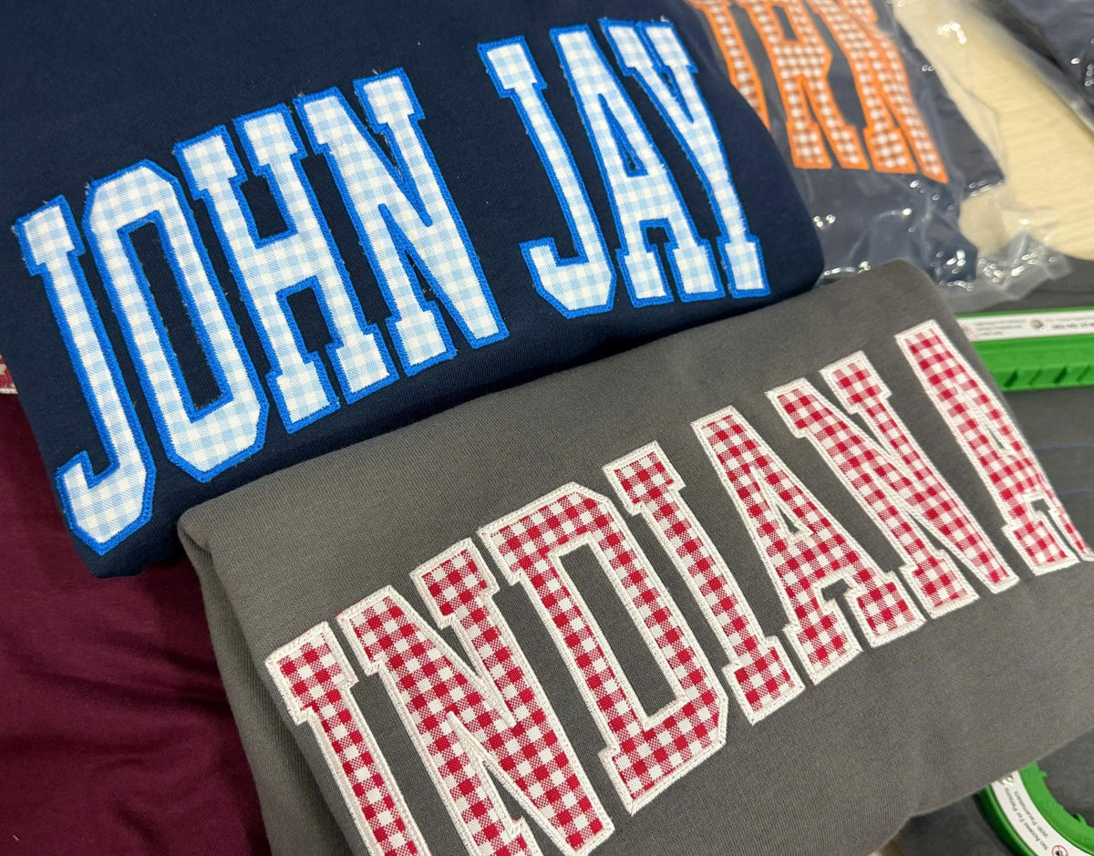 Gingham Applique Sweatshirt, Custom Varsity Embroidered Crewneck, Personalized School Color Campus Pullover, Student Gift