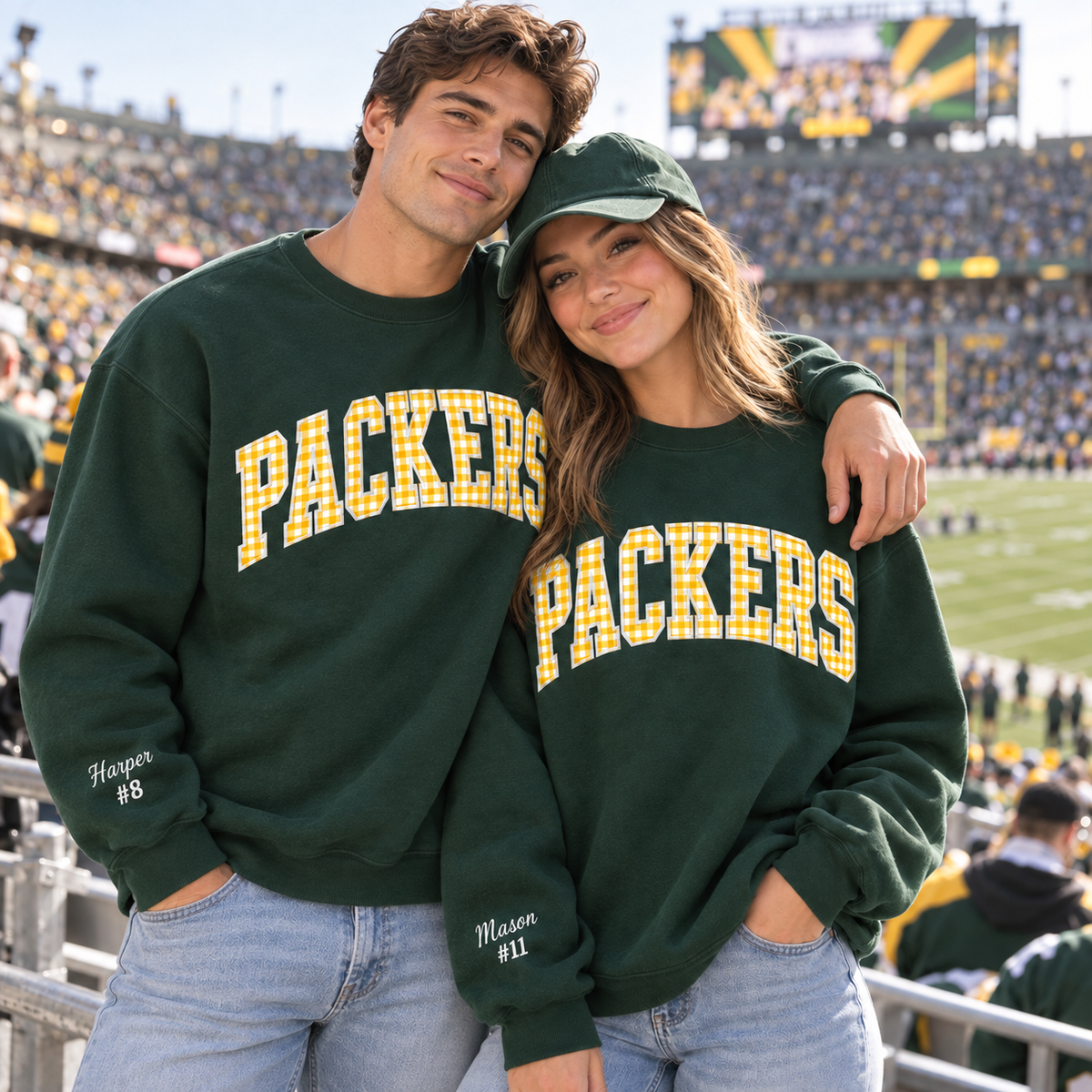 Custom Embroidered Gingham Football Sweatshirt, Collegiate Varsity Game Day Crewneck, Personalized Team Colors, Preppy Tailgate Outfit Gift (