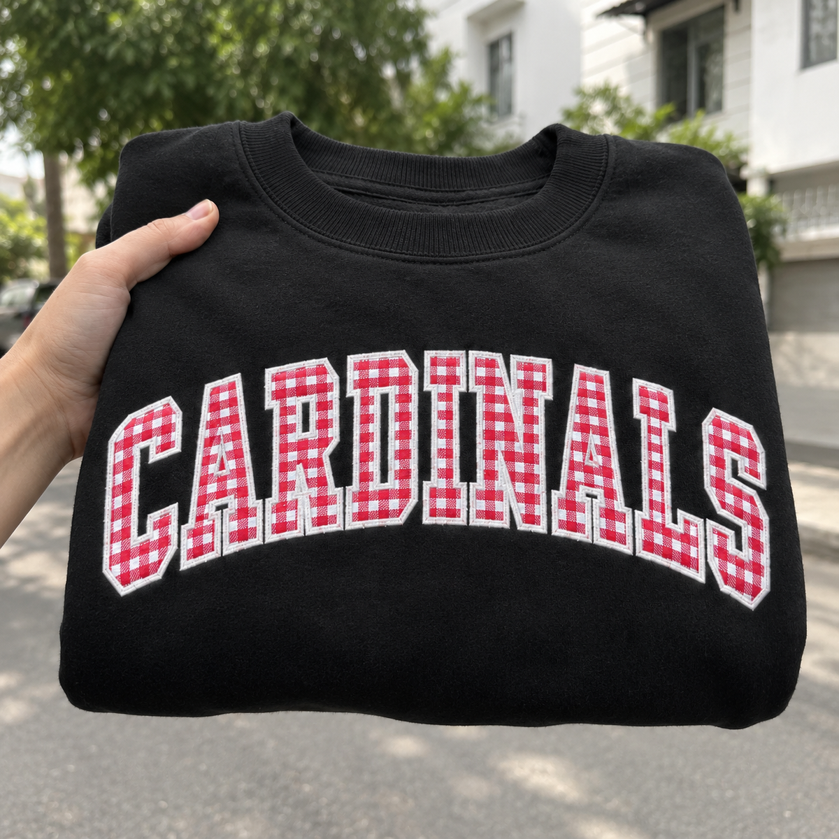 Custom Embroidered Gingham Applique Team Sweatshirt with Sleeve Name & Number, Varsity Game Day Crewneck, Football Mom Gift, Girlfriend Gift