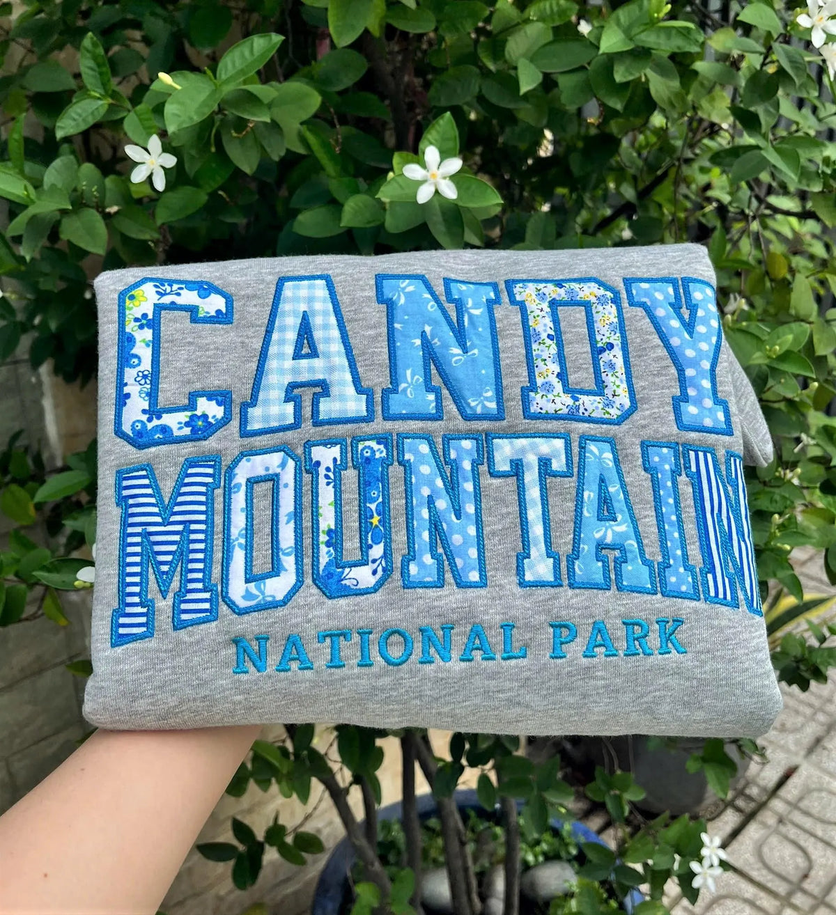 Embroidered Patchwork Applique Sweatshirt, Custom Place Name Crewneck, Personalized Camp Trip Sweater, Group Retreat Staff Gift