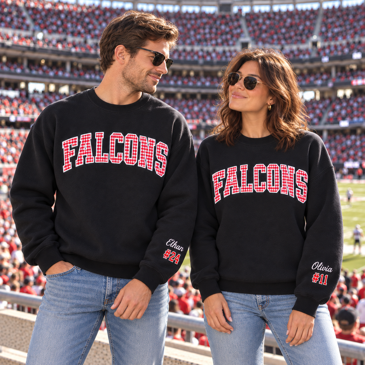 Custom Embroidered Gingham Football Sweatshirt, Matching Game Day Couple Crewneck, Personalized Sleeve Name Number, Collegiate Tailgate Gift