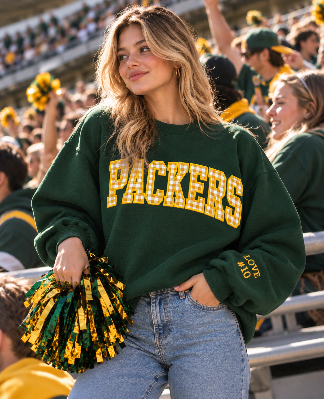 Custom Gingham Appliqué Team Name Sweatshirt – Personalized Game Day Crewneck with Sleeve Name & Number