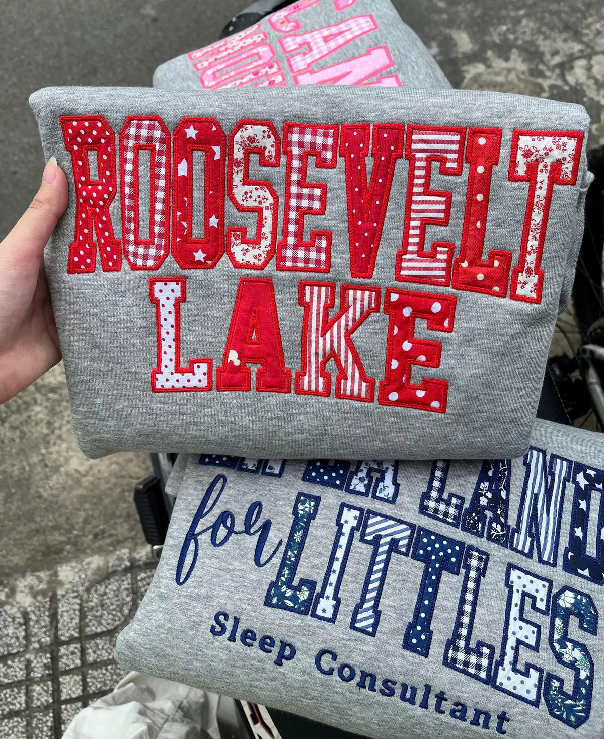Embroidered Patchwork Applique Sweatshirt, Custom Place Name Crewneck, Personalized Camp Trip Sweater, Group Retreat Staff Gift