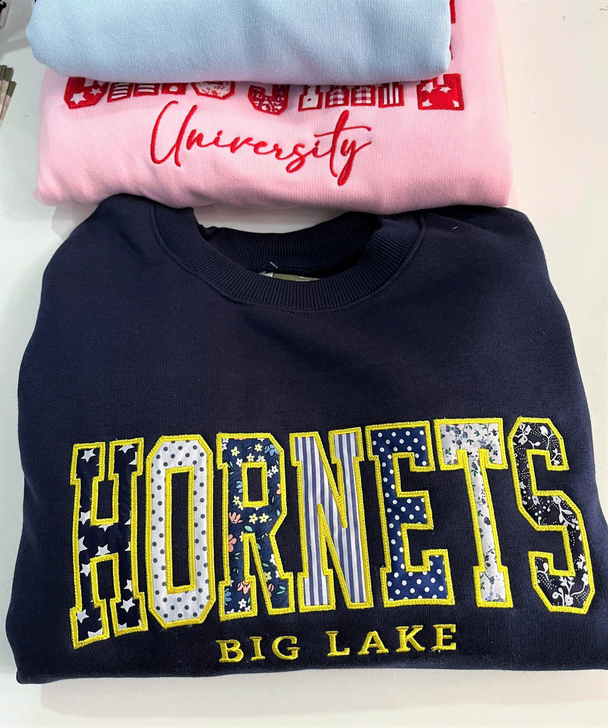Embroidered Patchwork Applique Shirt, Custom Varsity Letter Sweatshirt or T Shirt, Personalized School Team Name, Teacher Student Gift