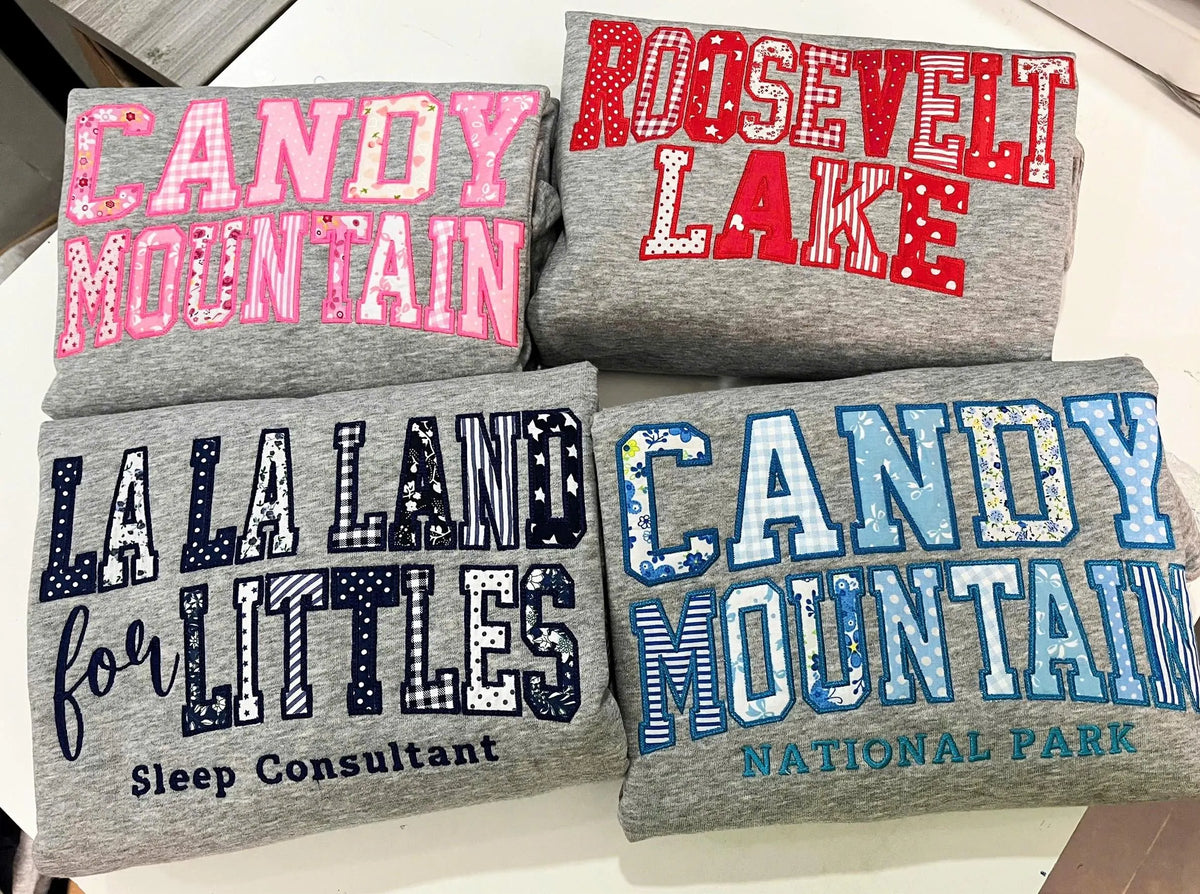 Embroidered Patchwork Applique Sweatshirt, Custom Place Name Crewneck, Personalized Camp Trip Sweater, Group Retreat Staff Gift