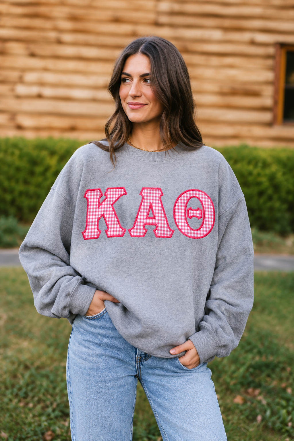 Kappa Alpha Theta Stitched Letter Shirt – ΚΑΘ Gingham Appliqué Tee, Sweatshirt or Hoodie