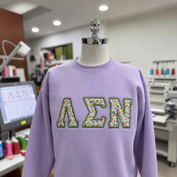 Custom Liberty Print Sorority Sweatshirt, Personalized Lavender Embroidered Applique Crewneck, Preppy Greek Life Big Little Gift Pullover