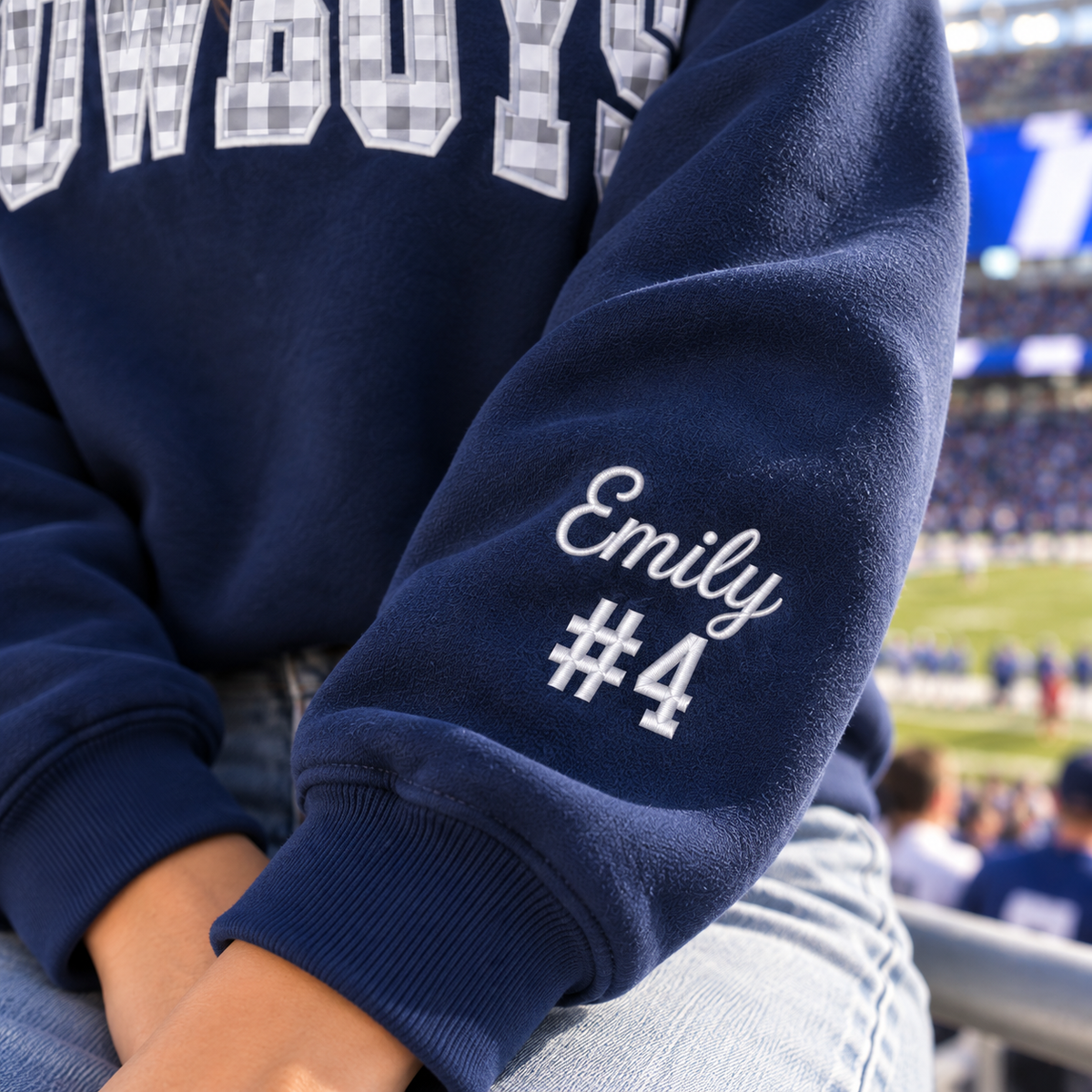 Custom Embroidered Gingham Applique Football Sweatshirt, Senior Night Player Number Crewneck, Proud Parent Gift, Varsity Team Spirit Style
