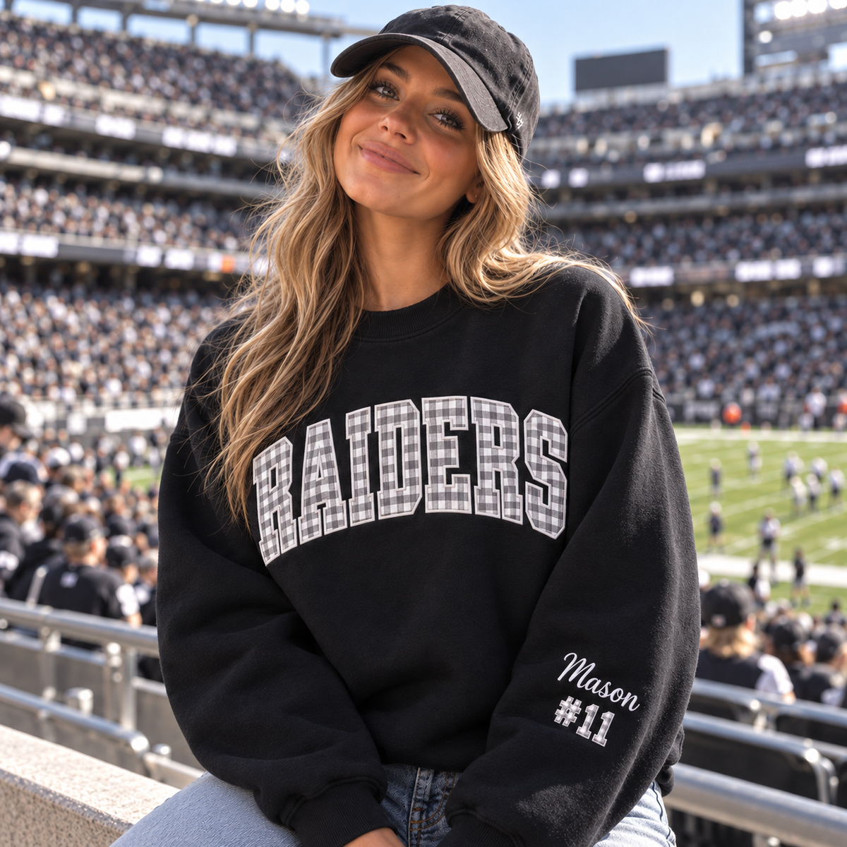 Custom Embroidered Gingham Applique Football Sweatshirt, Personalized Sister Game Day Crewneck, Sports Fan Gift for Her, Collegiate Tailgate