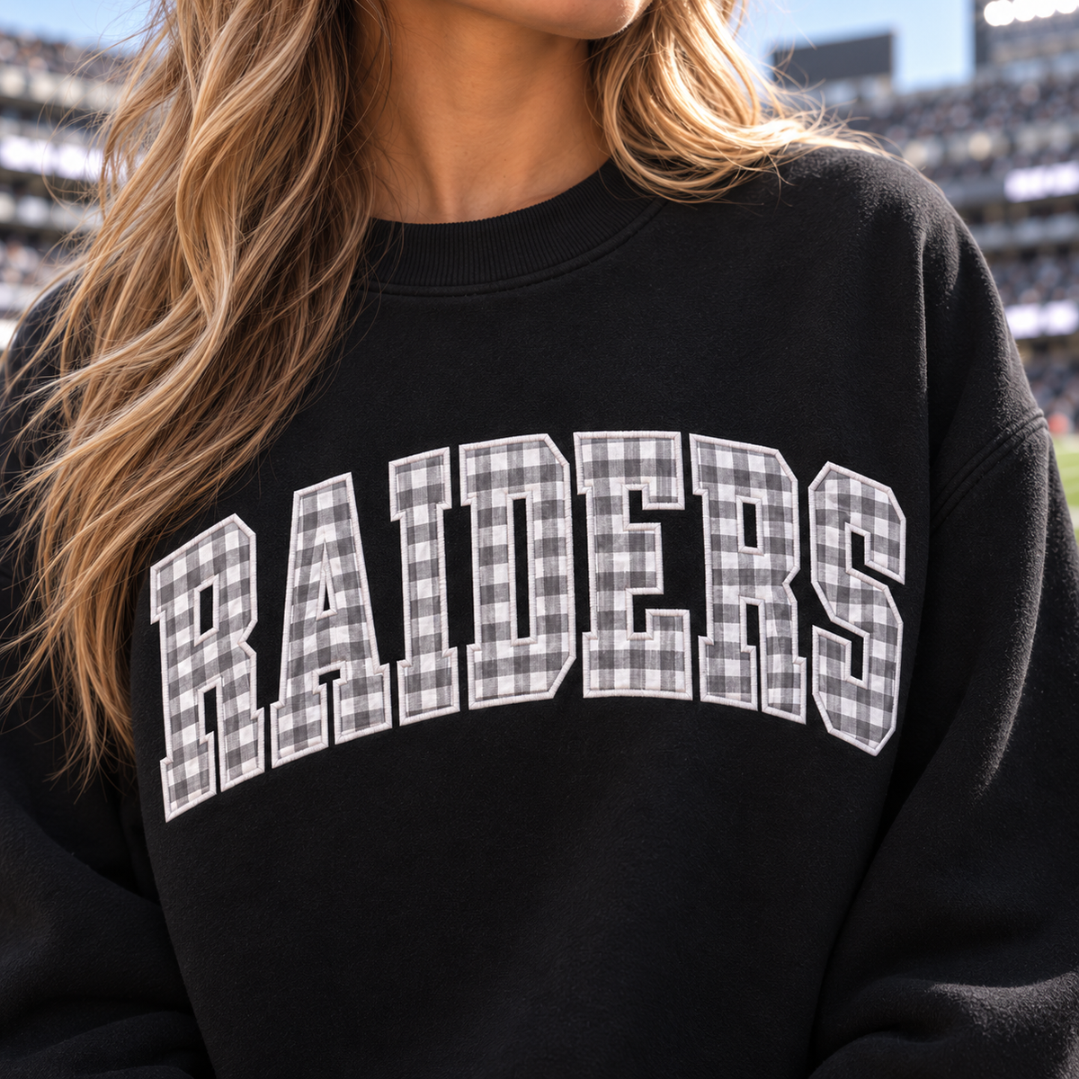 Custom Embroidered Gingham Applique Football Sweatshirt, Personalized Sister Game Day Crewneck, Sports Fan Gift for Her, Collegiate Tailgate