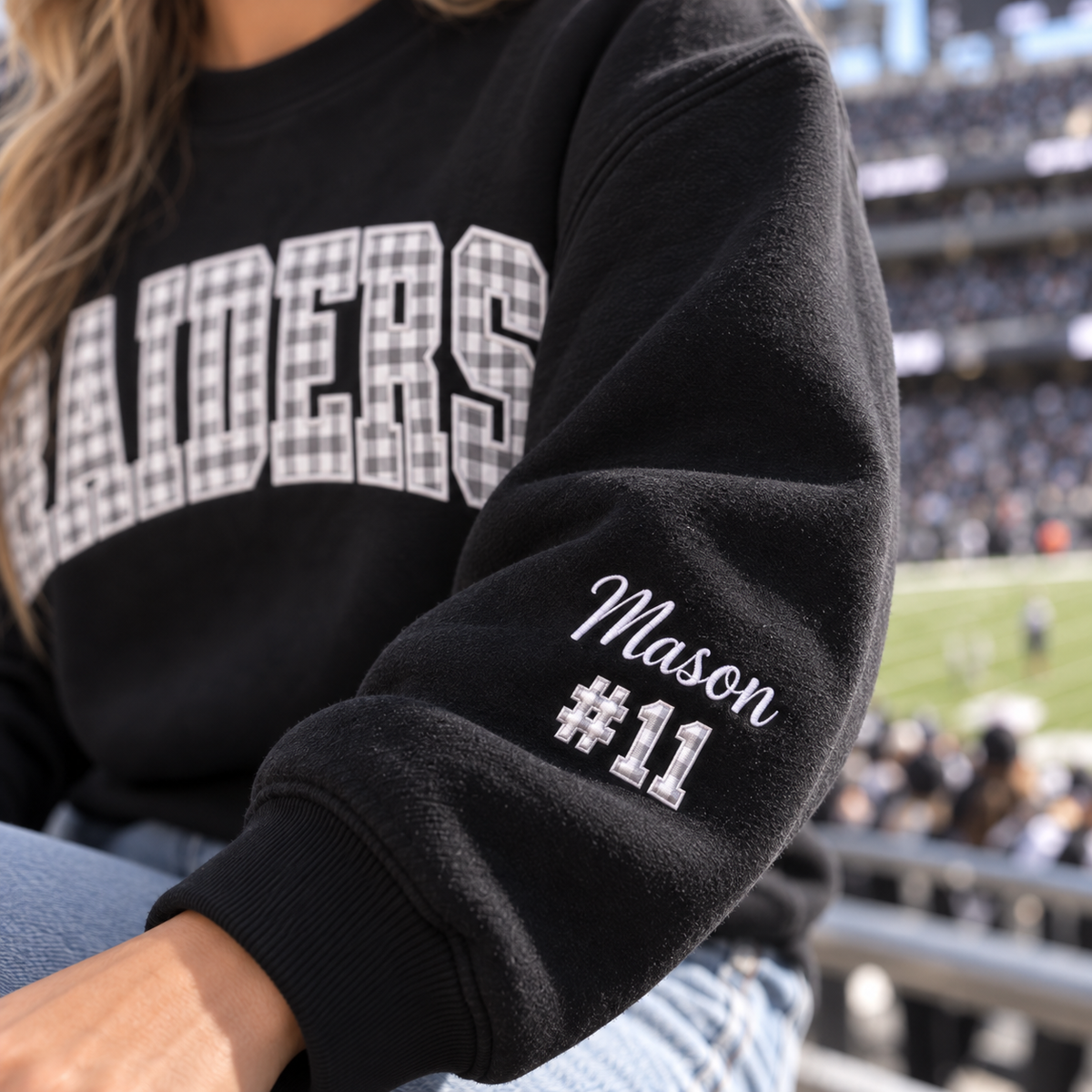 Custom Embroidered Gingham Applique Football Sweatshirt, Personalized Sister Game Day Crewneck, Sports Fan Gift for Her, Collegiate Tailgate