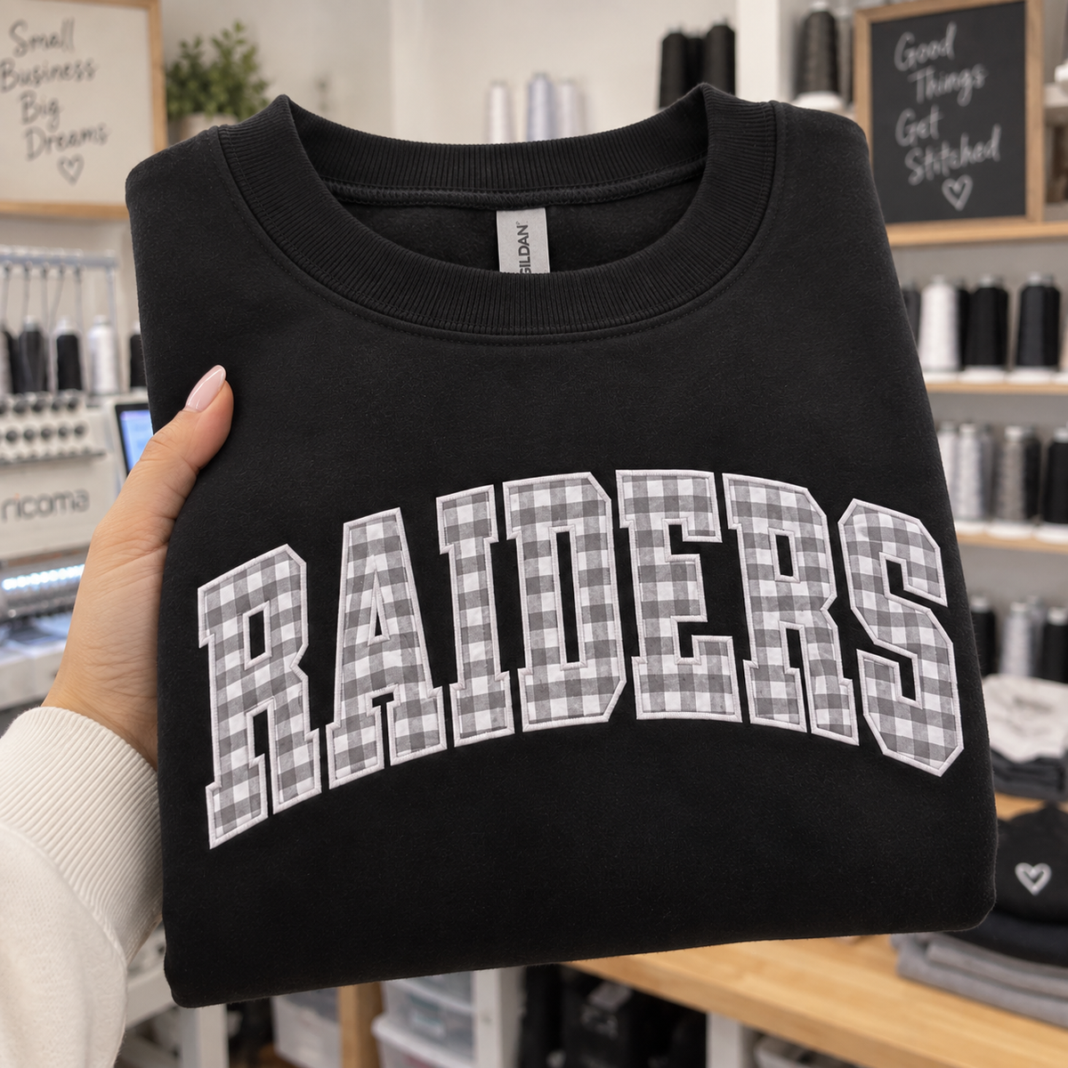 Custom Embroidered Gingham Applique Football Sweatshirt, Personalized Sister Game Day Crewneck, Sports Fan Gift for Her, Collegiate Tailgate