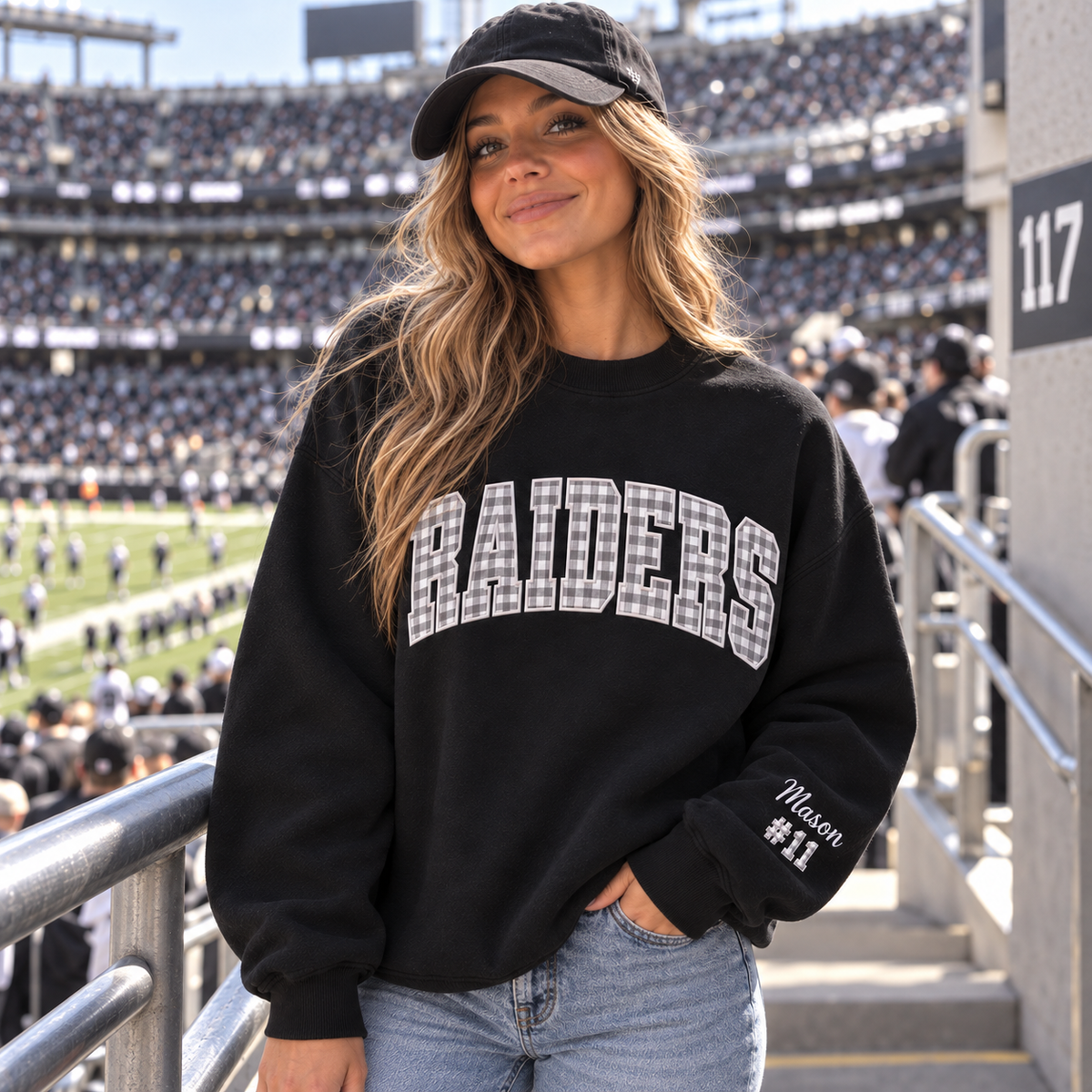 Custom Embroidered Gingham Applique Football Sweatshirt, Personalized Sister Game Day Crewneck, Sports Fan Gift for Her, Collegiate Tailgate