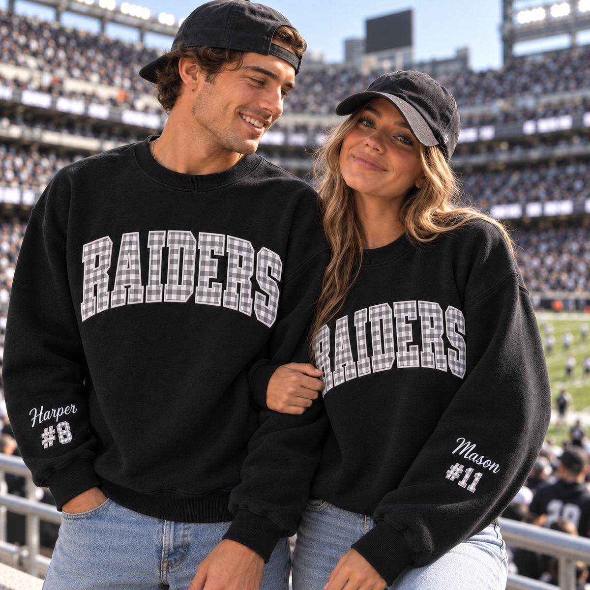 Custom Embroidered Gingham Applique Football Sweatshirt, Personalized Sister Game Day Crewneck, Sports Fan Gift for Her, Collegiate Tailgate