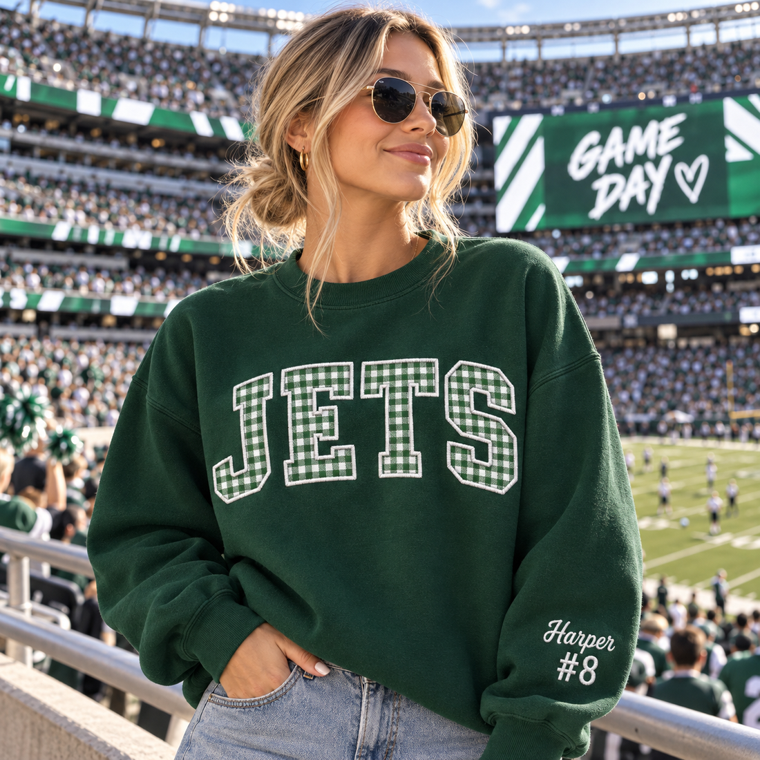 Custom Embroidered Gingham Applique Football Sweatshirt, Personalized School Spirit Crewneck, Pep Rally Tailgate Outfit, Varsity Fan Gift
