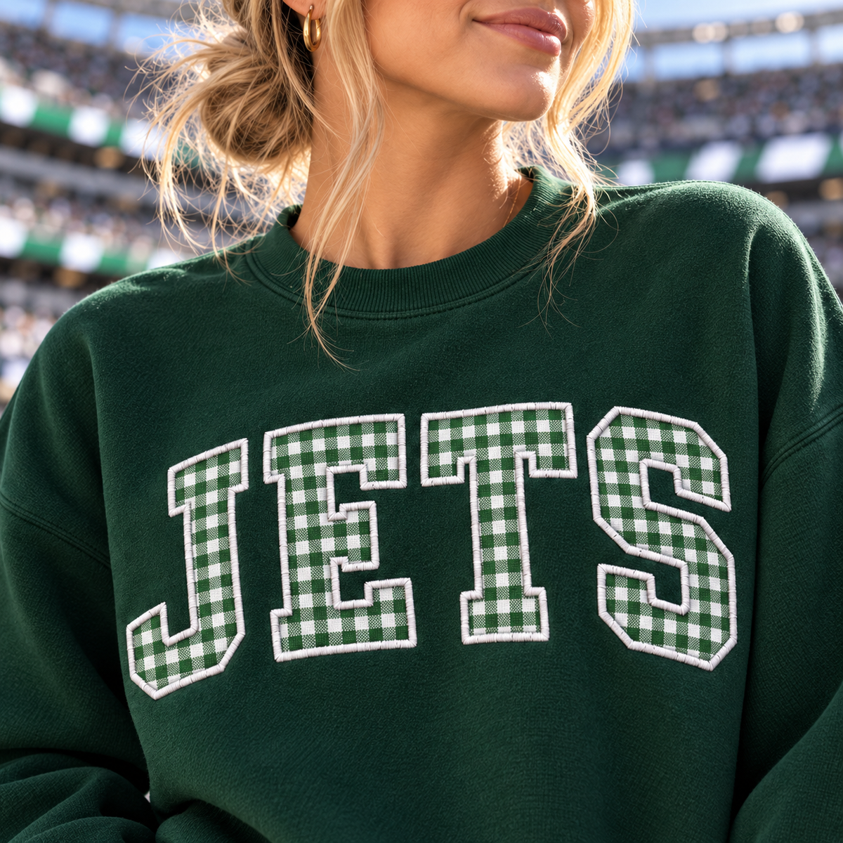 Custom Embroidered Gingham Applique Football Sweatshirt, Personalized School Spirit Crewneck, Pep Rally Tailgate Outfit, Varsity Fan Gift