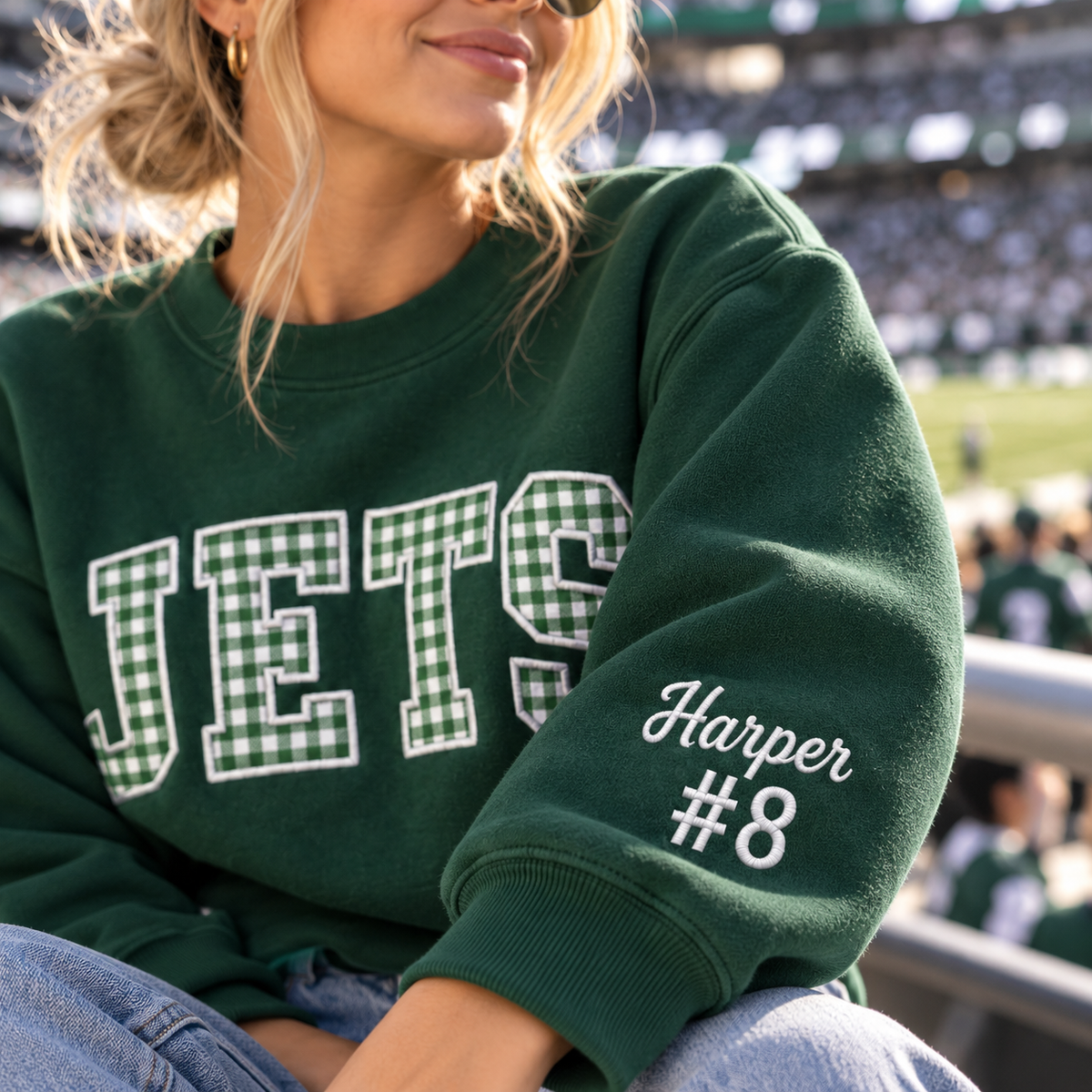 Custom Embroidered Gingham Applique Football Sweatshirt, Personalized School Spirit Crewneck, Pep Rally Tailgate Outfit, Varsity Fan Gift