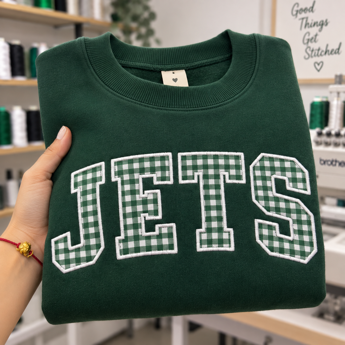 Custom Embroidered Gingham Applique Football Sweatshirt, Personalized School Spirit Crewneck, Pep Rally Tailgate Outfit, Varsity Fan Gift