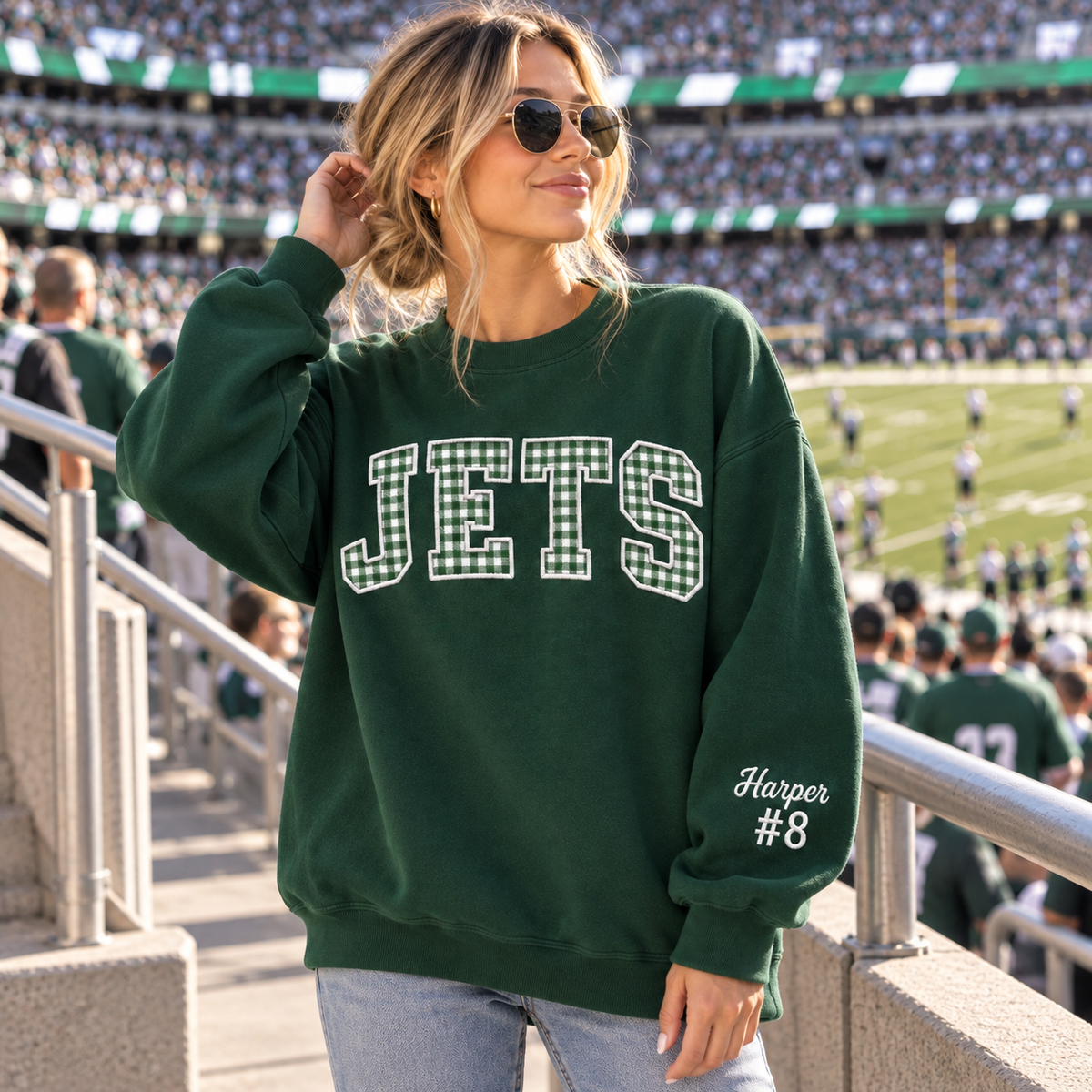 Custom Embroidered Gingham Applique Football Sweatshirt, Personalized School Spirit Crewneck, Pep Rally Tailgate Outfit, Varsity Fan Gift