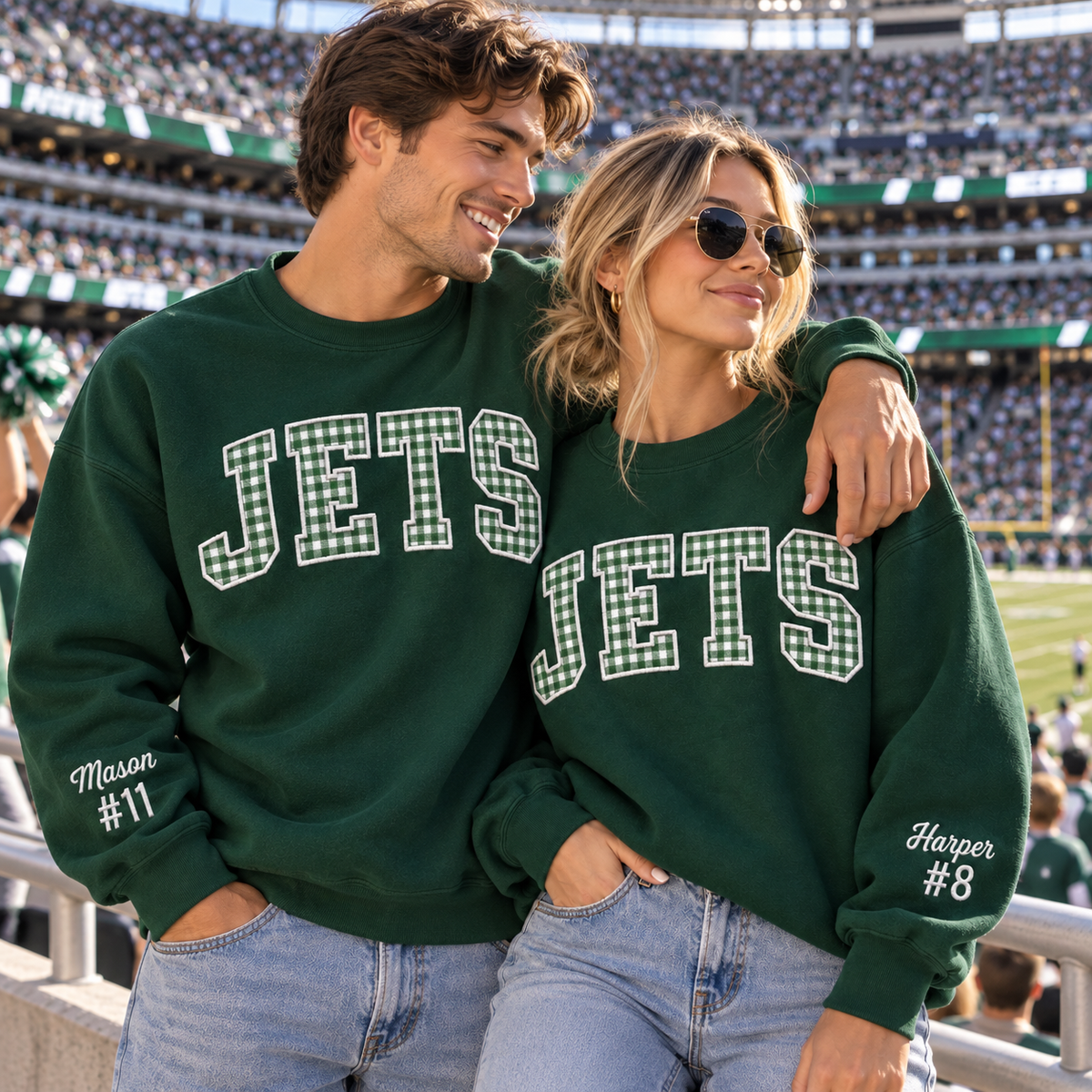 Custom Embroidered Gingham Applique Football Sweatshirt, Personalized School Spirit Crewneck, Pep Rally Tailgate Outfit, Varsity Fan Gift