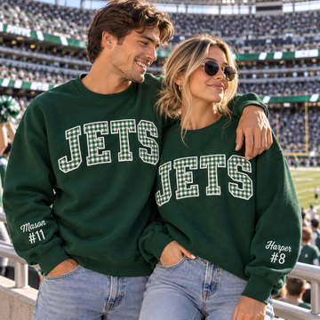 Custom Embroidered Gingham Applique Football Sweatshirt, Personalized School Spirit Crewneck, Pep Rally Tailgate Outfit, Varsity Fan Gift